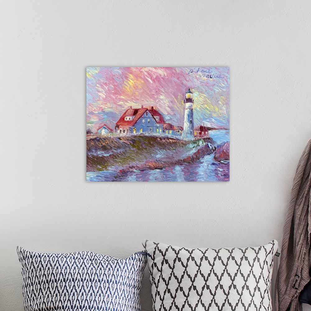 A bohemian room featuring Sun setting over lighthouse and houses on a cove by the ocean.