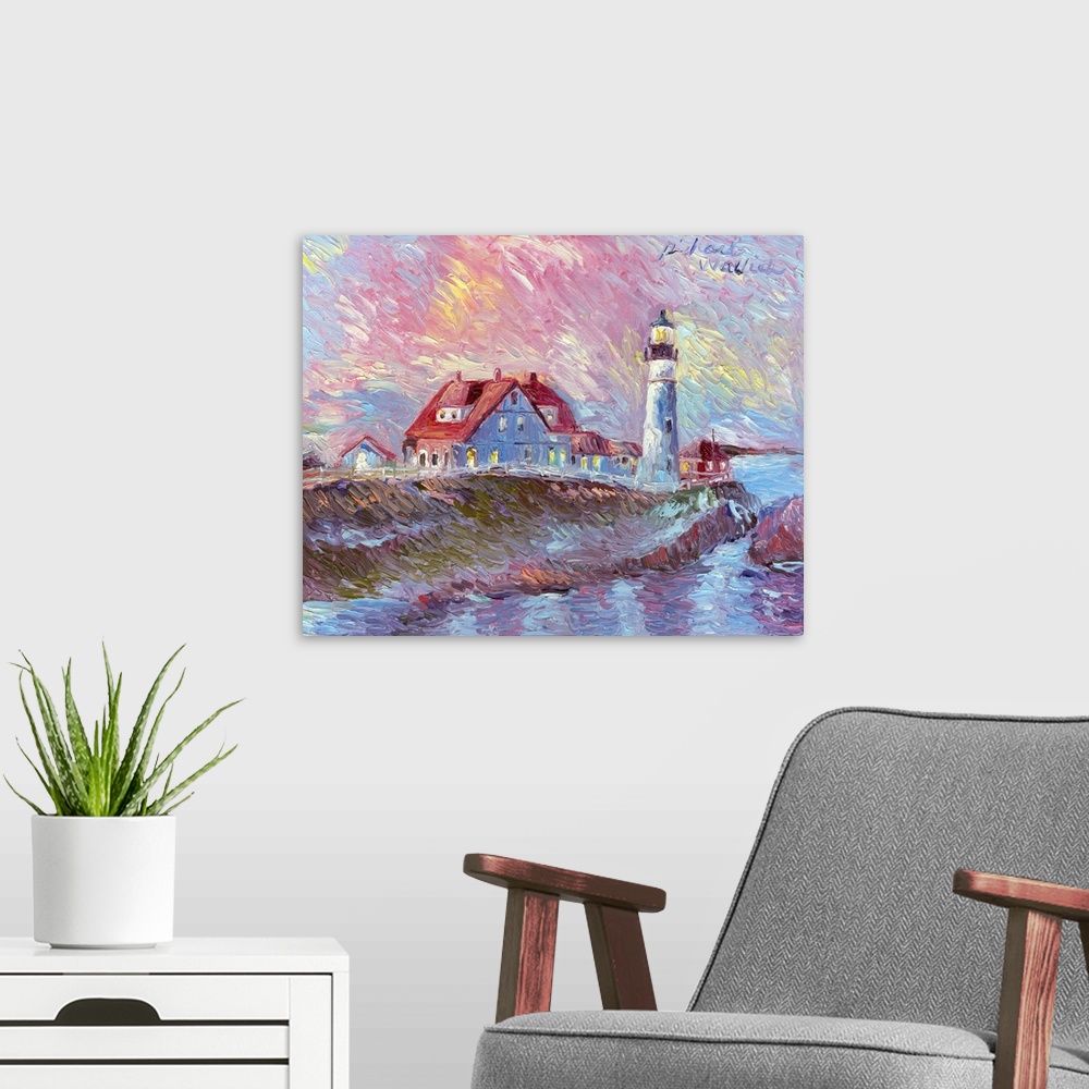 A modern room featuring Sun setting over lighthouse and houses on a cove by the ocean.