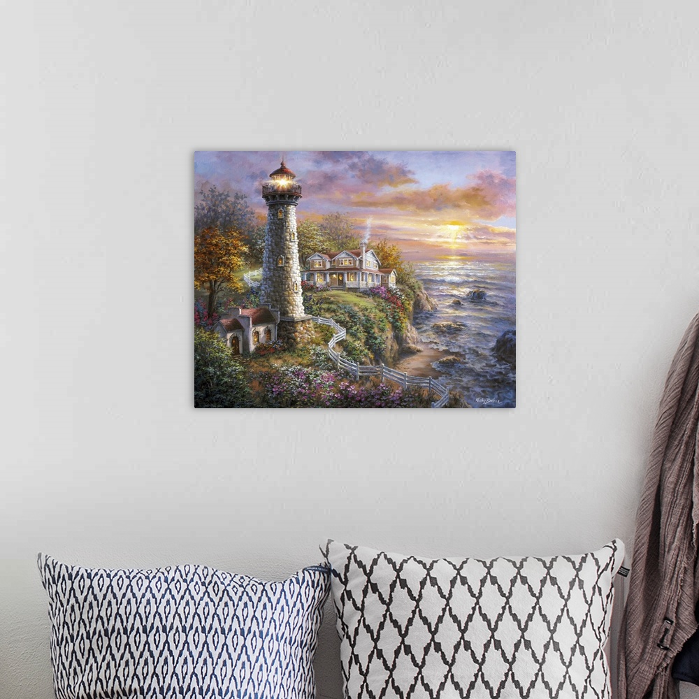 A bohemian room featuring Painting of a lighthouse at sunset. Product is a painting reproduction only, and does not contain...