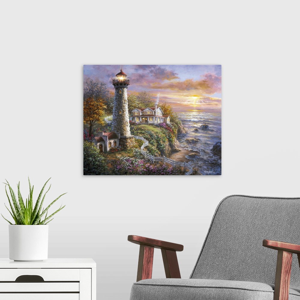 A modern room featuring Painting of a lighthouse at sunset. Product is a painting reproduction only, and does not contain...