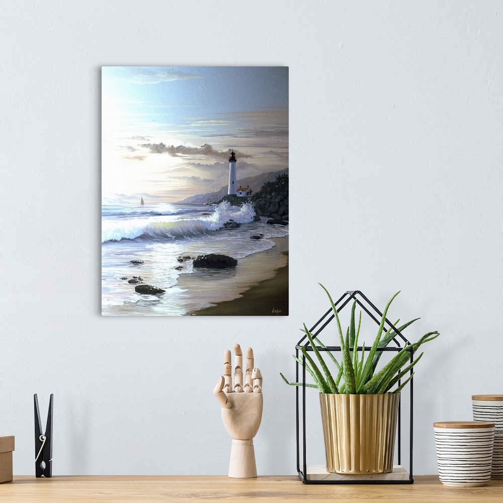 A bohemian room featuring Contemporary painting of waves crashing on the coastline at twilight, with a lighthouse in the di...