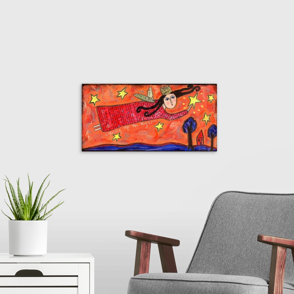 A modern room featuring An angel in red placing stars in the night sky.