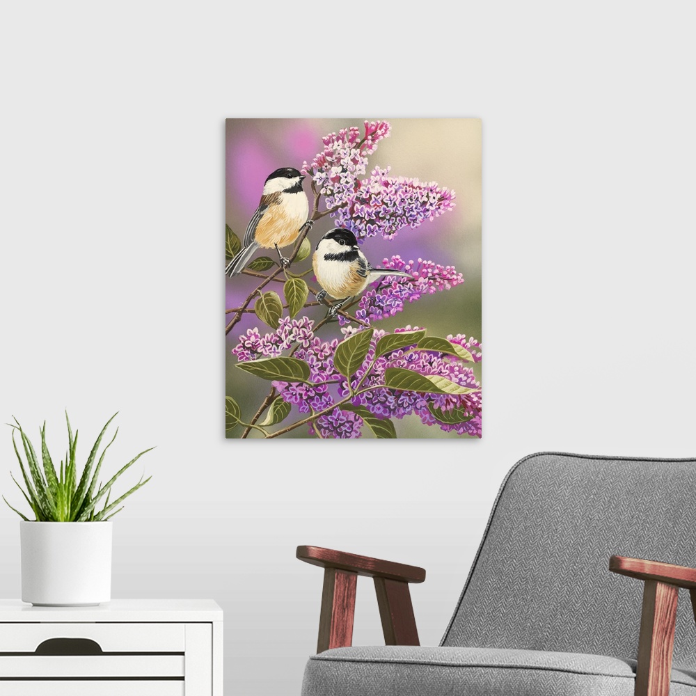 A modern room featuring Lilacs and Chickadees