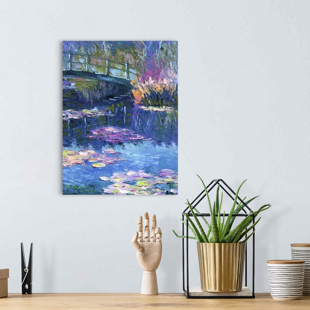A bohemian room featuring Contemporary painting of water lilies under a bridge in a pond.