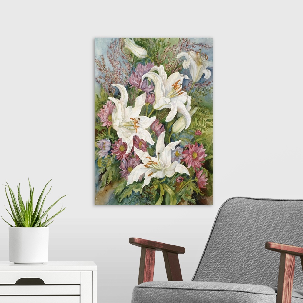 A modern room featuring Colorful contemporary painting of a bouquet of flowers.