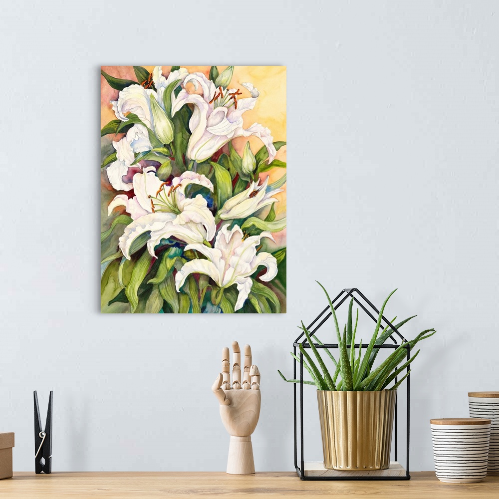 A bohemian room featuring Colorful contemporary painting of white lilies.