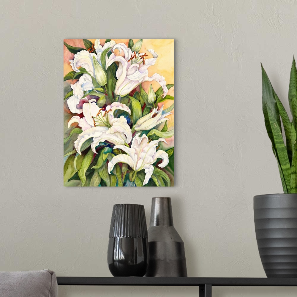 A modern room featuring Colorful contemporary painting of white lilies.
