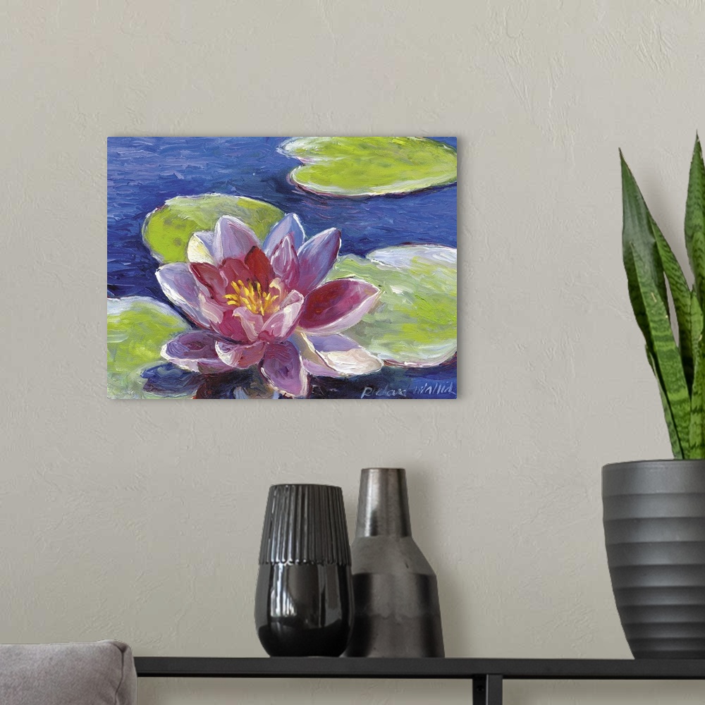 A modern room featuring Contemporary colorful painting of a water lily.