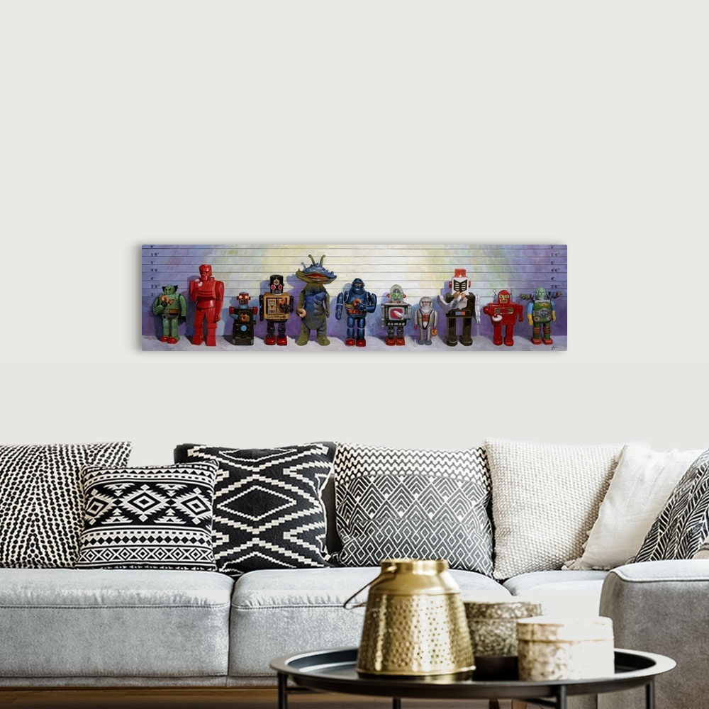 A bohemian room featuring A contemporary painting of a police line up displaying retro Japanese robot toys holding and eati...