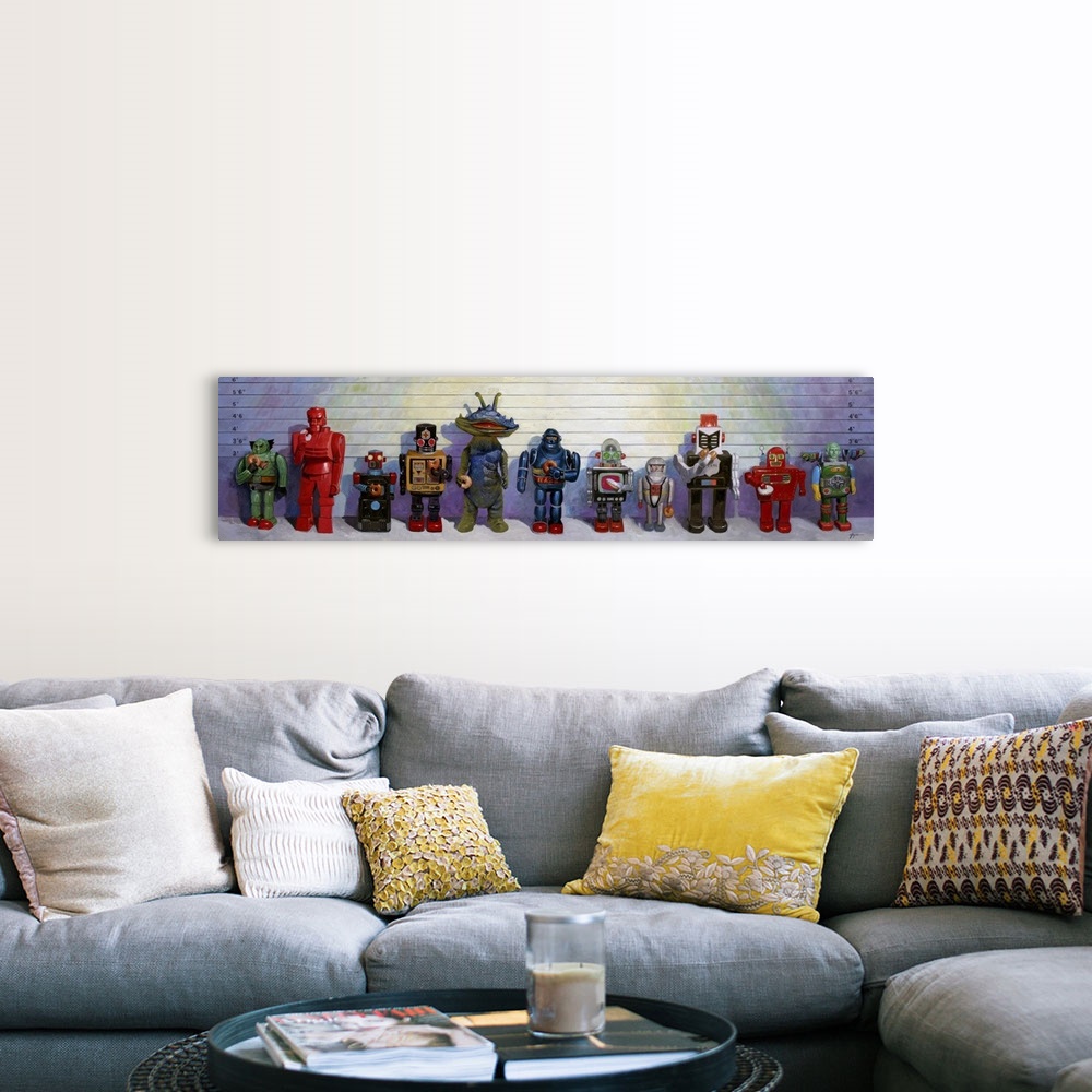 A farmhouse room featuring A contemporary painting of a police line up displaying retro Japanese robot toys holding and eati...