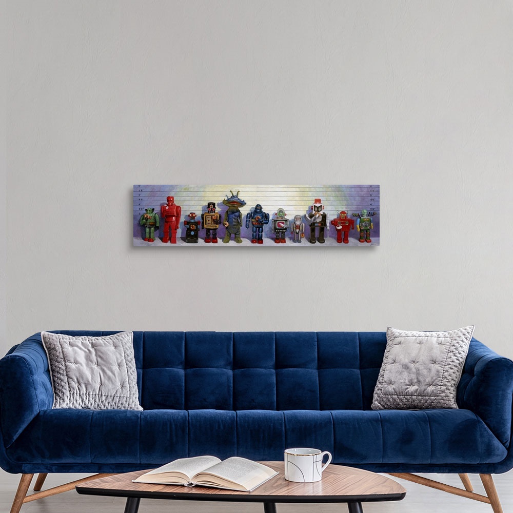 A modern room featuring A contemporary painting of a police line up displaying retro Japanese robot toys holding and eati...