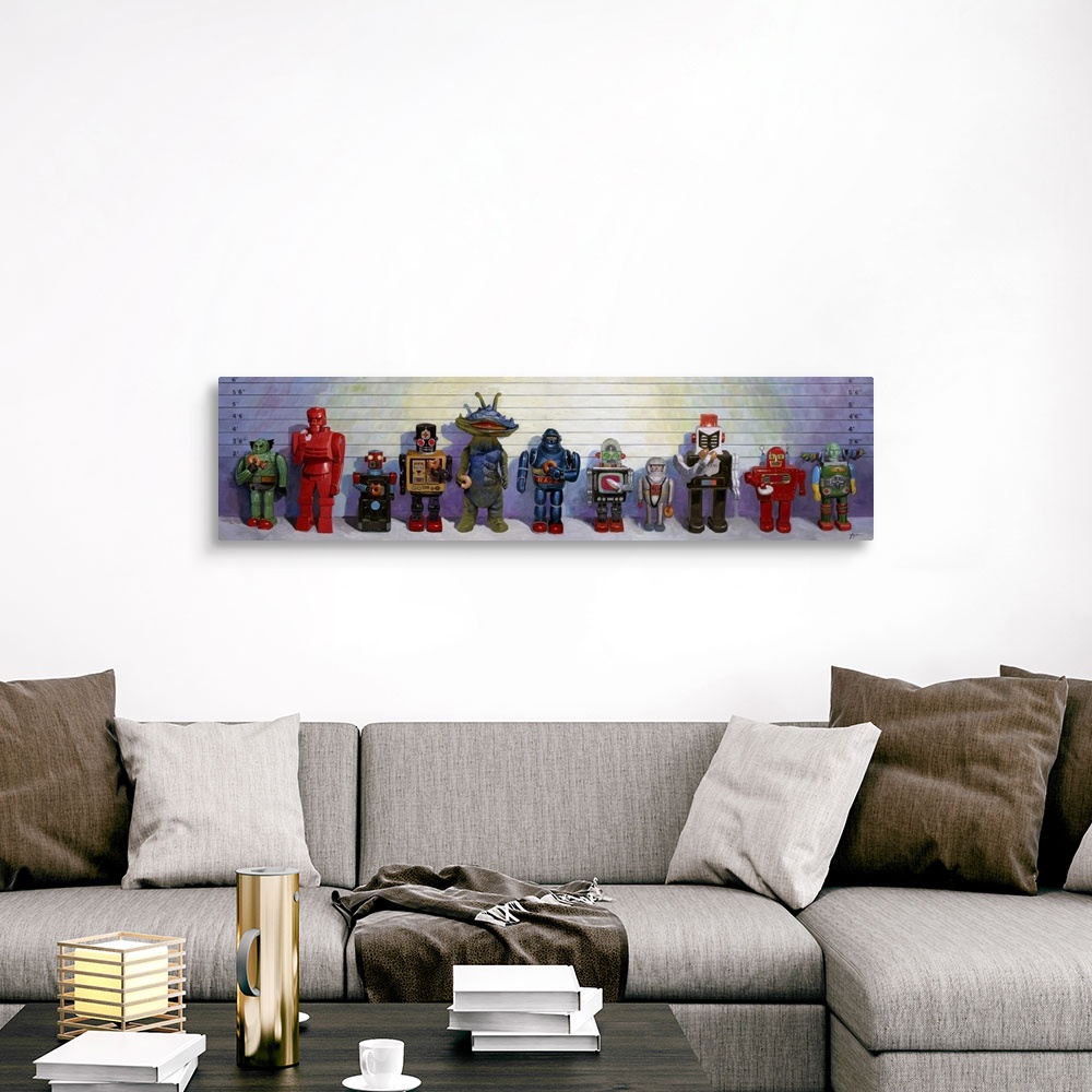 A traditional room featuring A contemporary painting of a police line up displaying retro Japanese robot toys holding and eati...