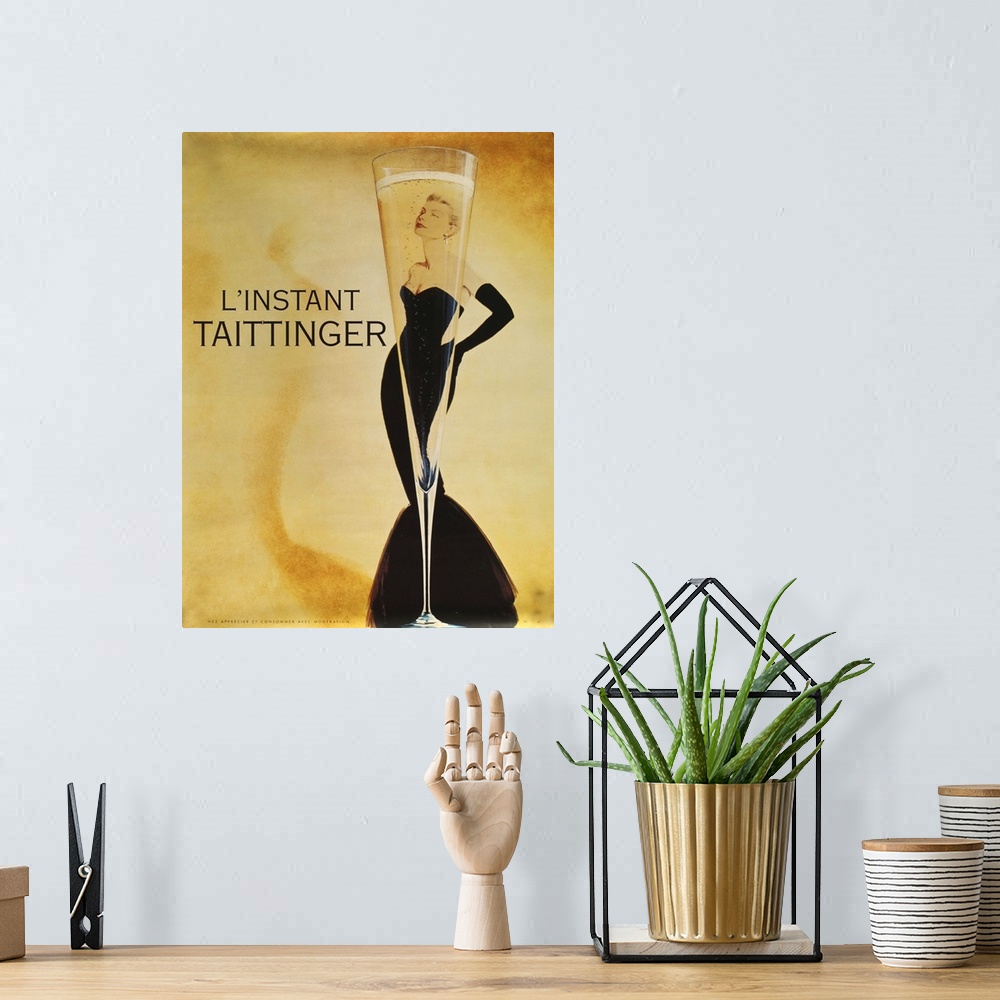 A bohemian room featuring Vintage poster advertisement for L'instant Taittinger.
