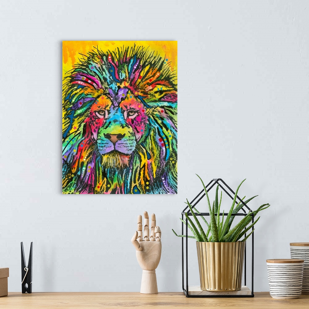 A bohemian room featuring Colorful painting of a lion with abstract markings on a yellow background with paint drips.