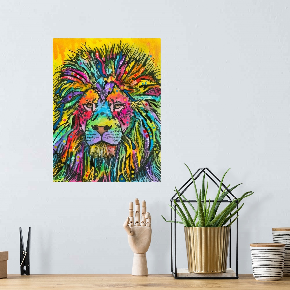 A bohemian room featuring Colorful painting of a lion with abstract markings on a yellow background with paint drips.