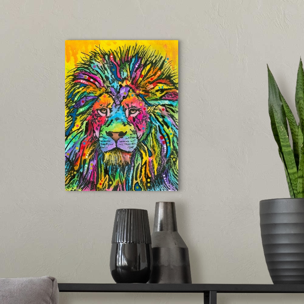 A modern room featuring Colorful painting of a lion with abstract markings on a yellow background with paint drips.