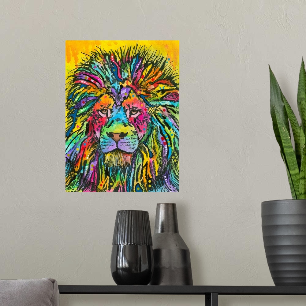 A modern room featuring Colorful painting of a lion with abstract markings on a yellow background with paint drips.