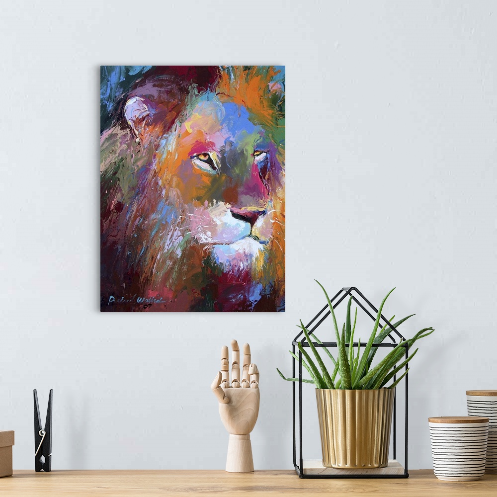 A bohemian room featuring Contemporary vibrant colorful painting of a lion