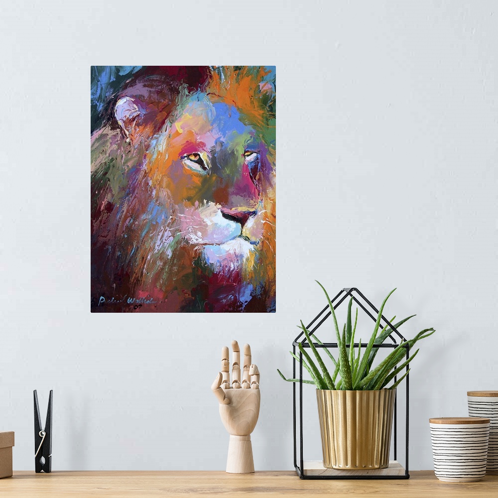 A bohemian room featuring Contemporary vibrant colorful painting of a lion