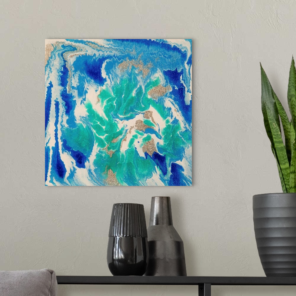 A modern room featuring Small abstract for Liquid Industrial IIII in blue and turquoise.