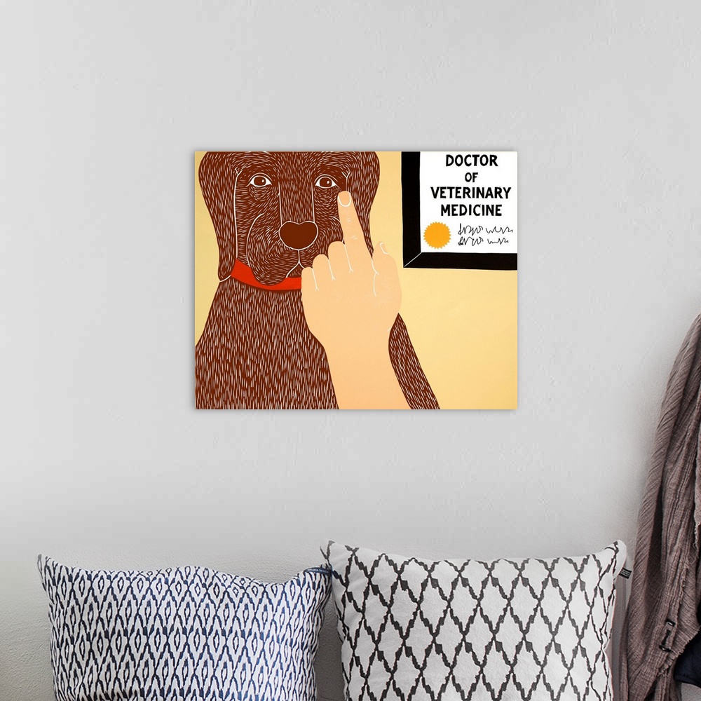 A bohemian room featuring Illustration of a chocolate lab getting a check-up at the vet.