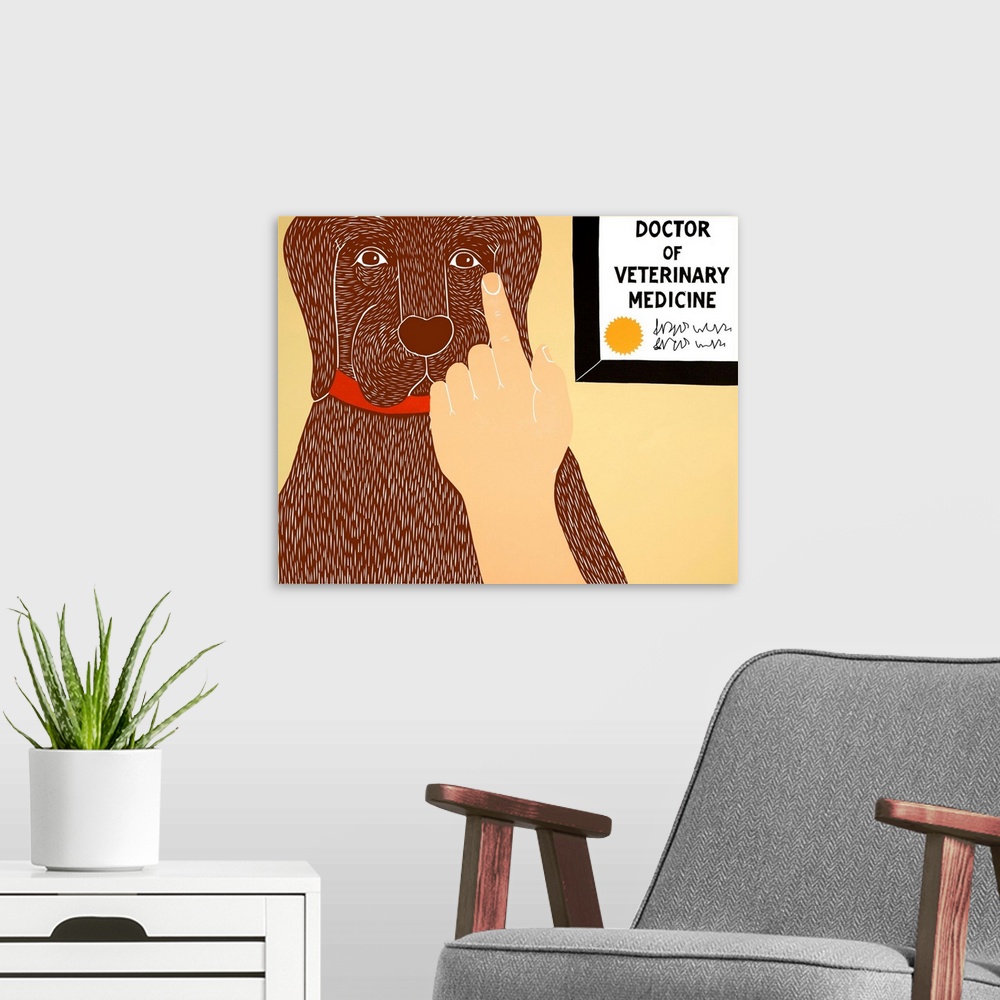 A modern room featuring Illustration of a chocolate lab getting a check-up at the vet.