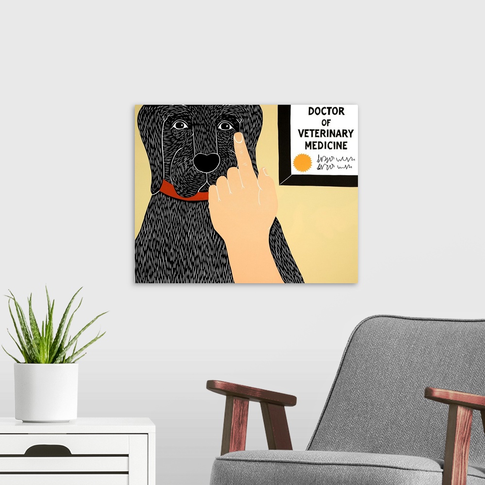 A modern room featuring Illustration of a black lab getting a check-up at the vet.