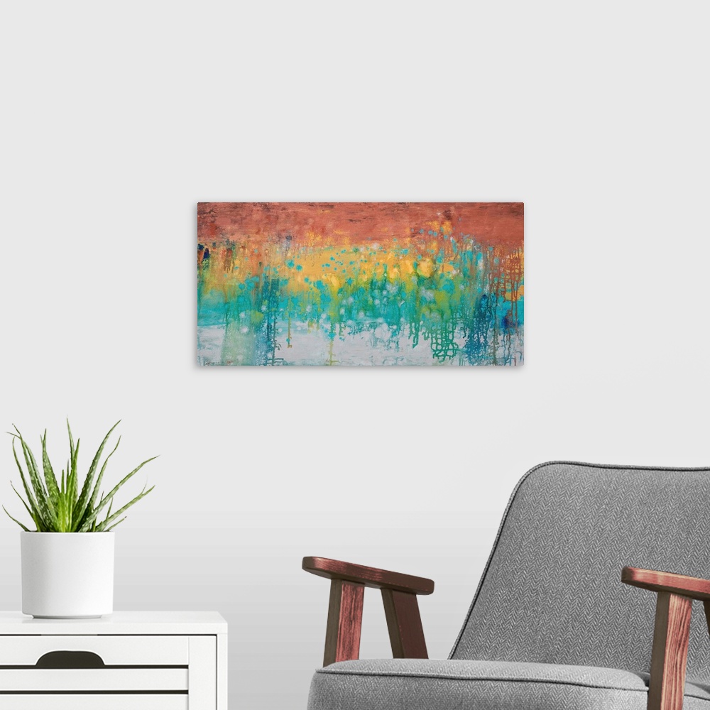 A modern room featuring A contemporary abstract painting using a spectrum of color in a horizontal formation.