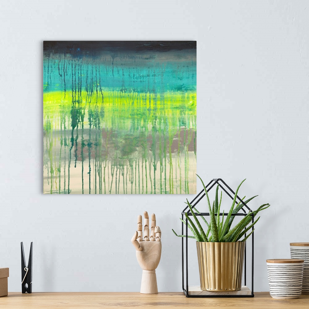 A bohemian room featuring Contemporary abstract painting using neon lime green and teal with dark paint drips from the top ...