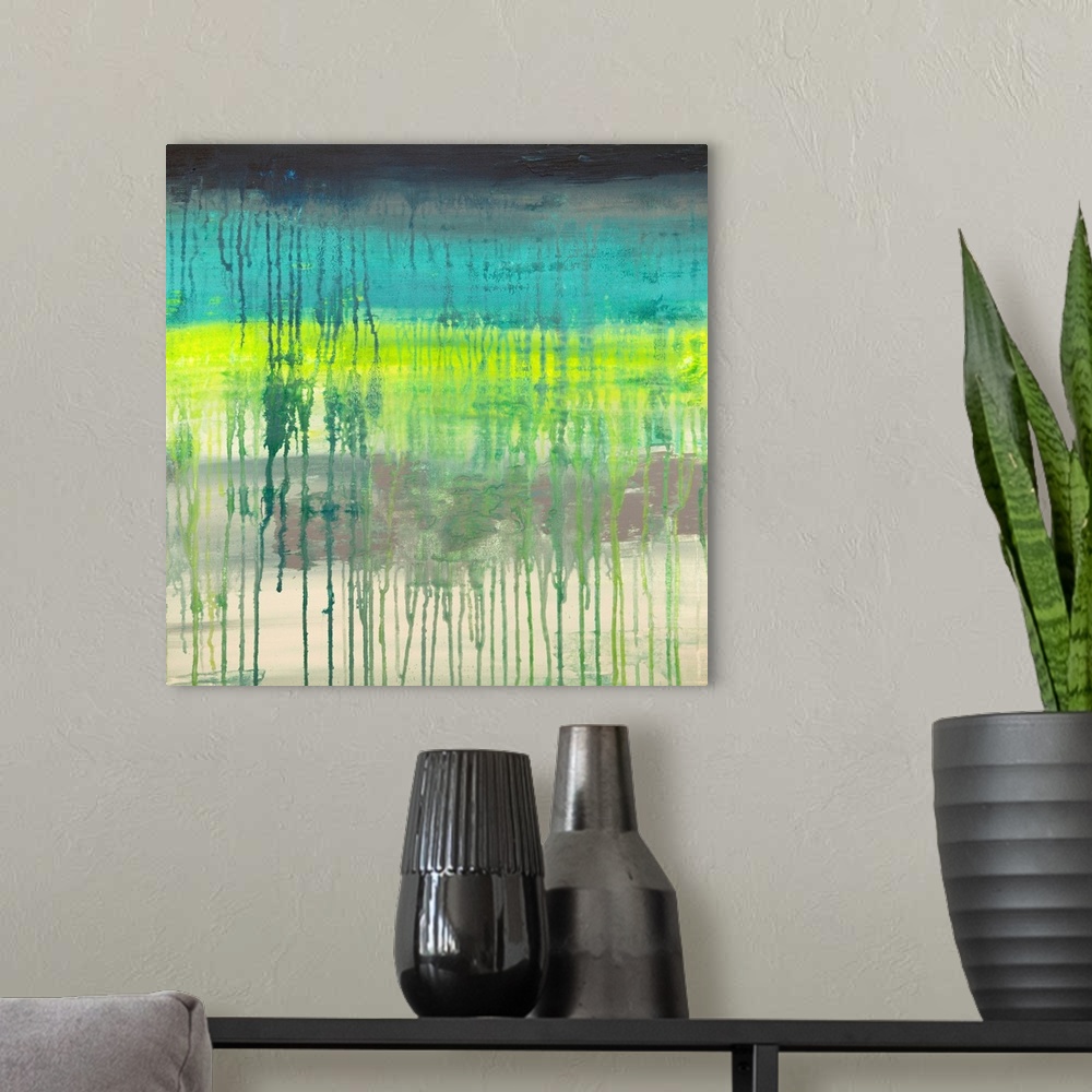 A modern room featuring Contemporary abstract painting using neon lime green and teal with dark paint drips from the top ...