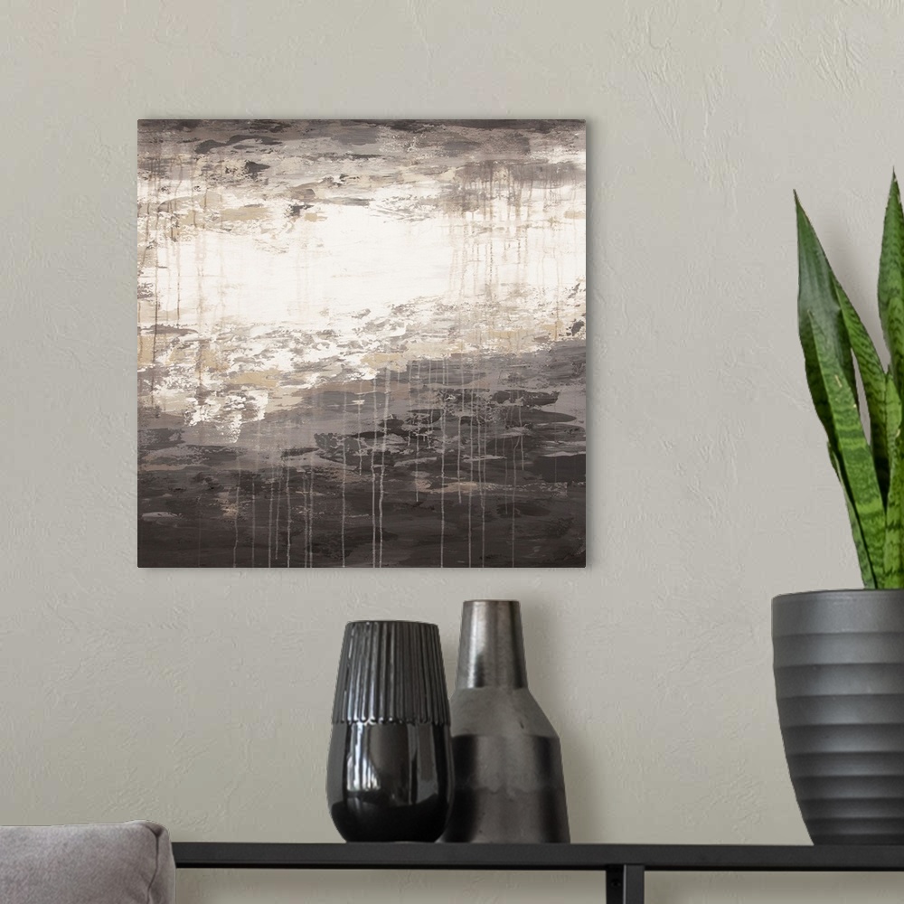 A modern room featuring A contemporary abstract painting using neutral colors and weathered and worn textures.
