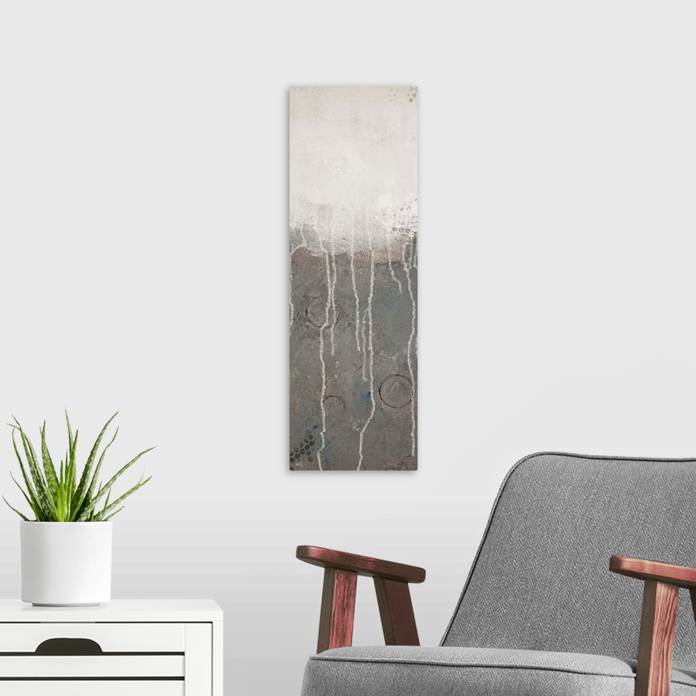 A modern room featuring Contemporary abstract painting in dark grey and white.