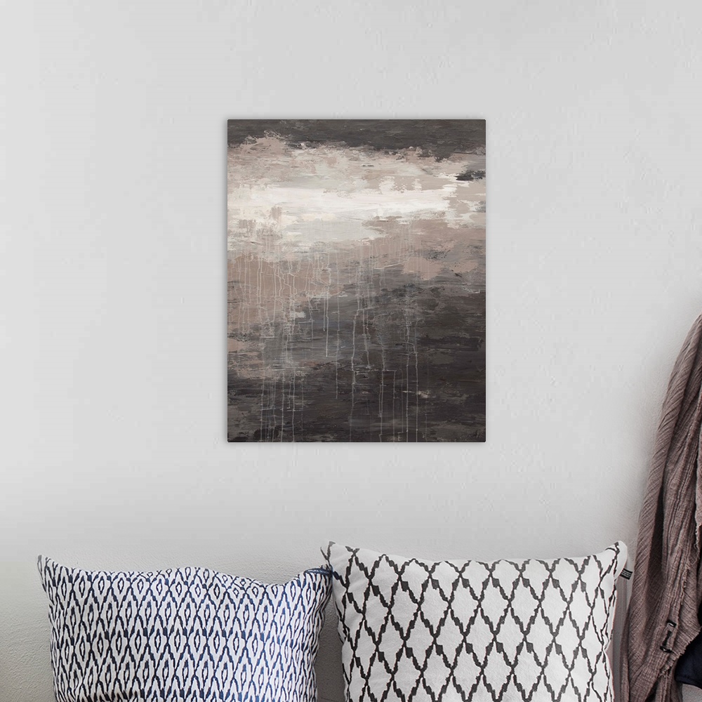 A bohemian room featuring Contemporary abstract painting in grey tones.