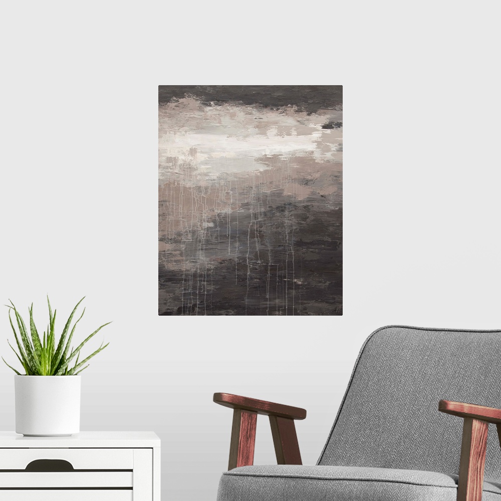 A modern room featuring Contemporary abstract painting in grey tones.