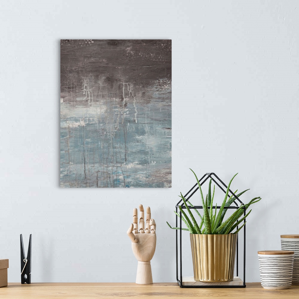 A bohemian room featuring Contemporary abstract painting in grey tones, resembling cloudy skies.