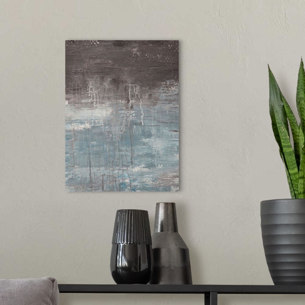 A modern room featuring Contemporary abstract painting in grey tones, resembling cloudy skies.