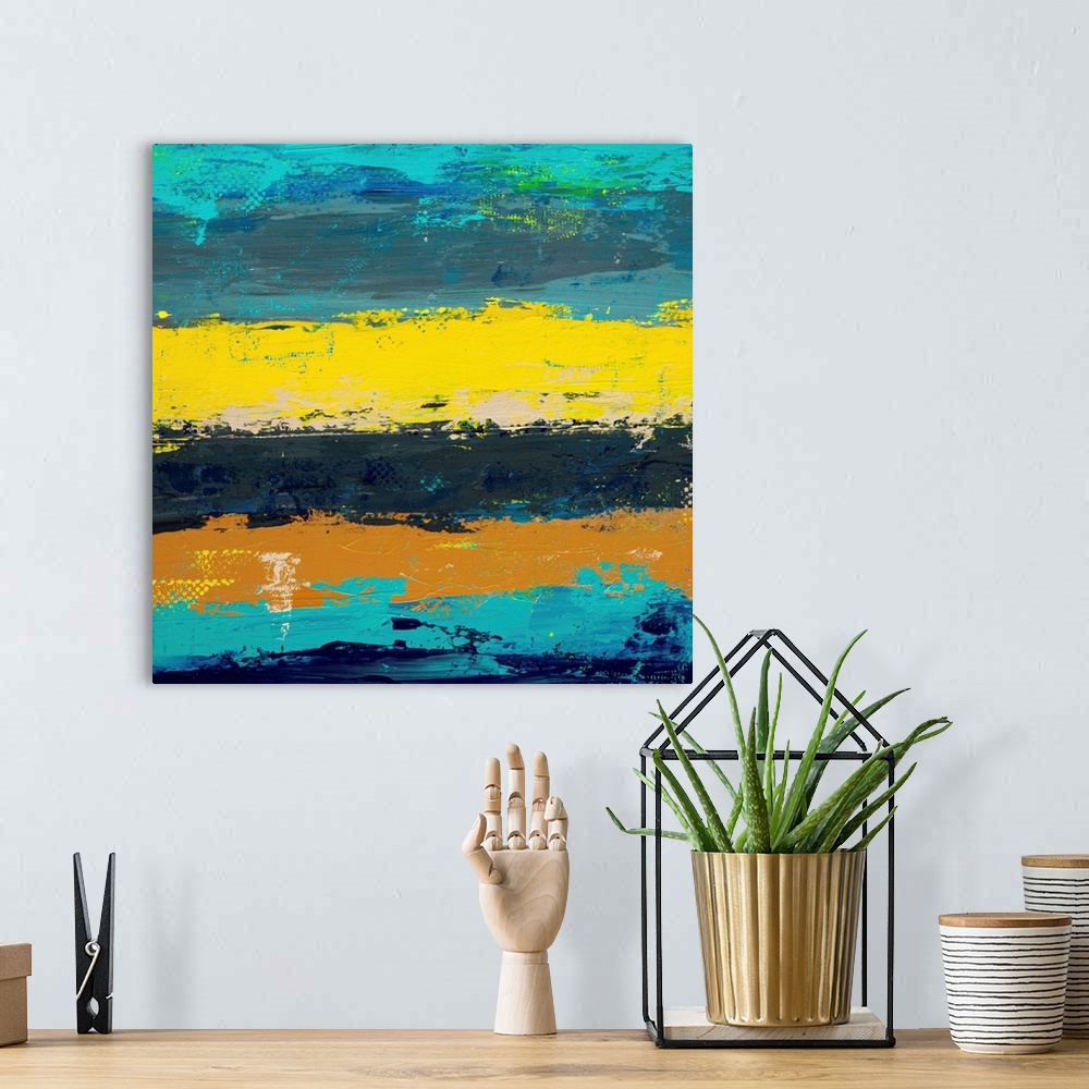 A bohemian room featuring Contemporary abstract painting in yellow and turquoise.