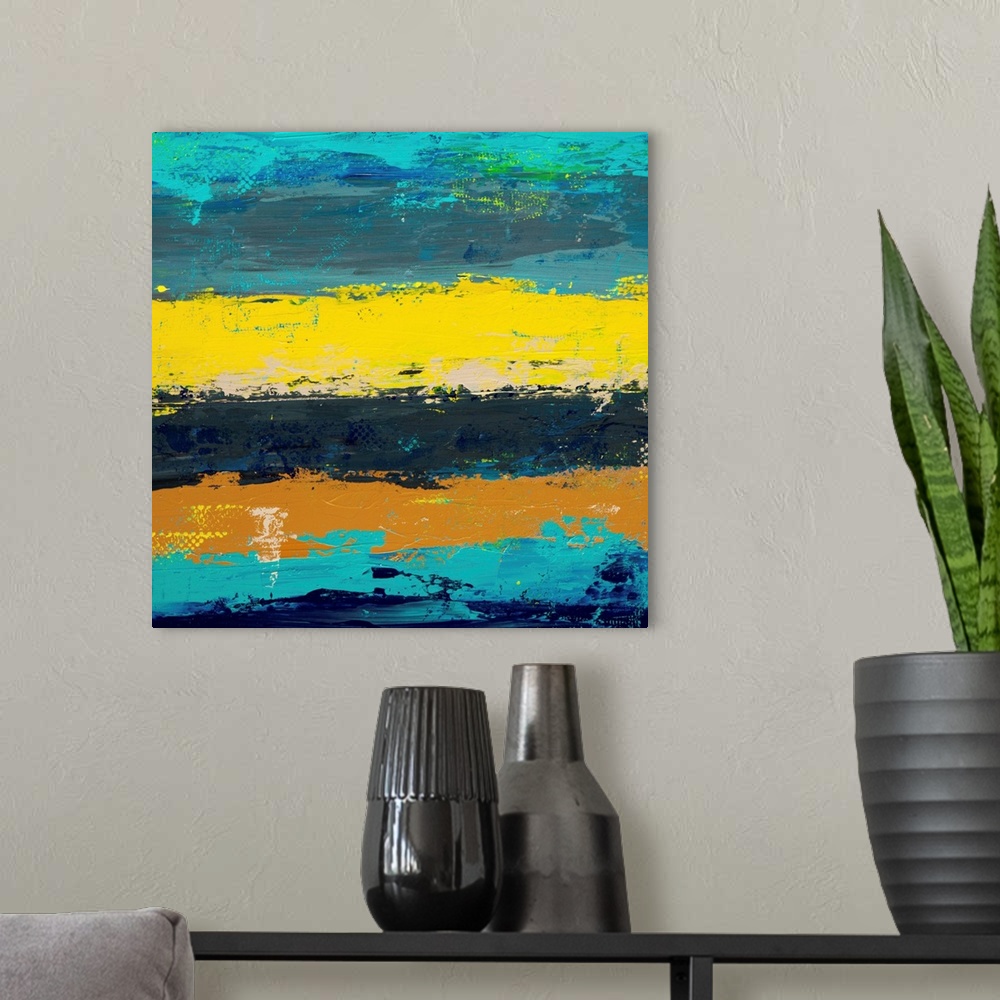 A modern room featuring Contemporary abstract painting in yellow and turquoise.