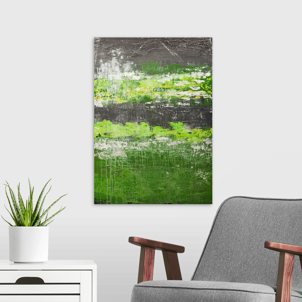 A modern room featuring Contemporary abstract painting in green and grey.