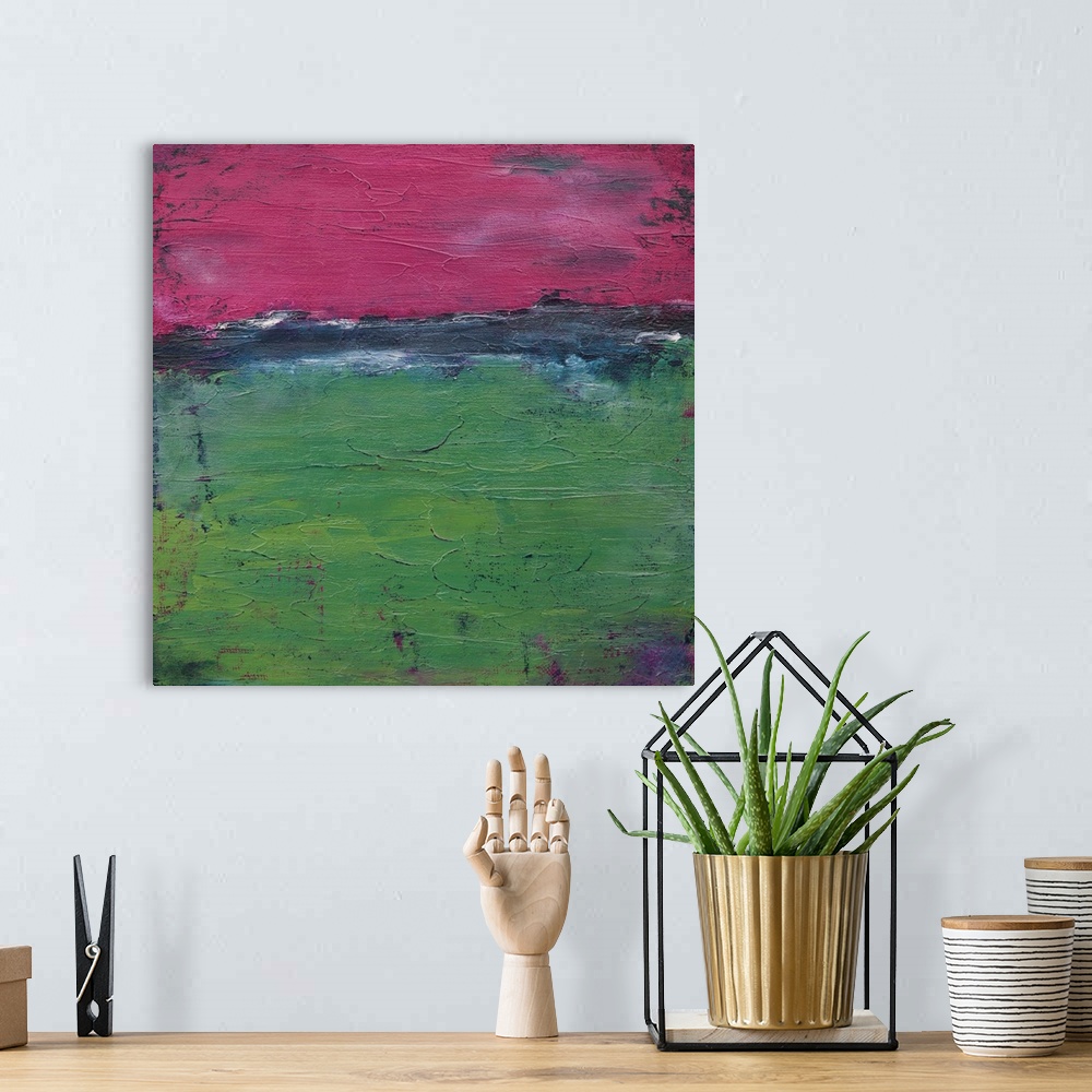 A bohemian room featuring Contemporary abstract painting in green and fuchsia.