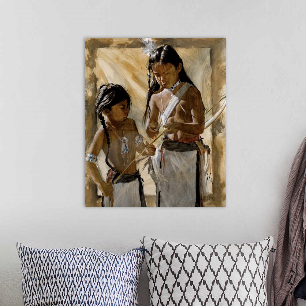 A bohemian room featuring Western themed contemporary painting of a native american children.