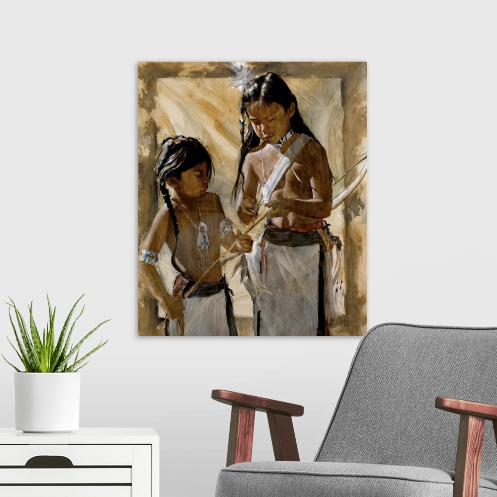 A modern room featuring Western themed contemporary painting of a native american children.