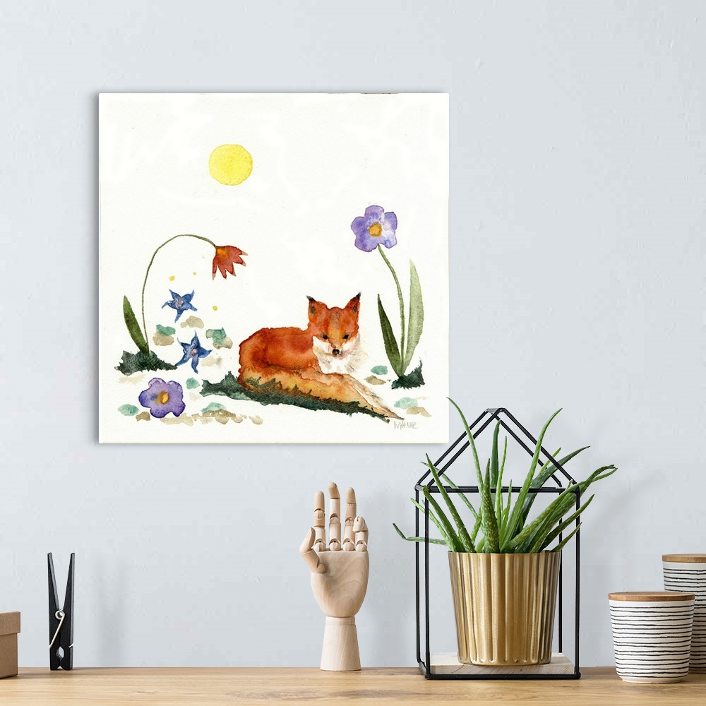A bohemian room featuring A watercolor painting of a fox lying down next to flowers.