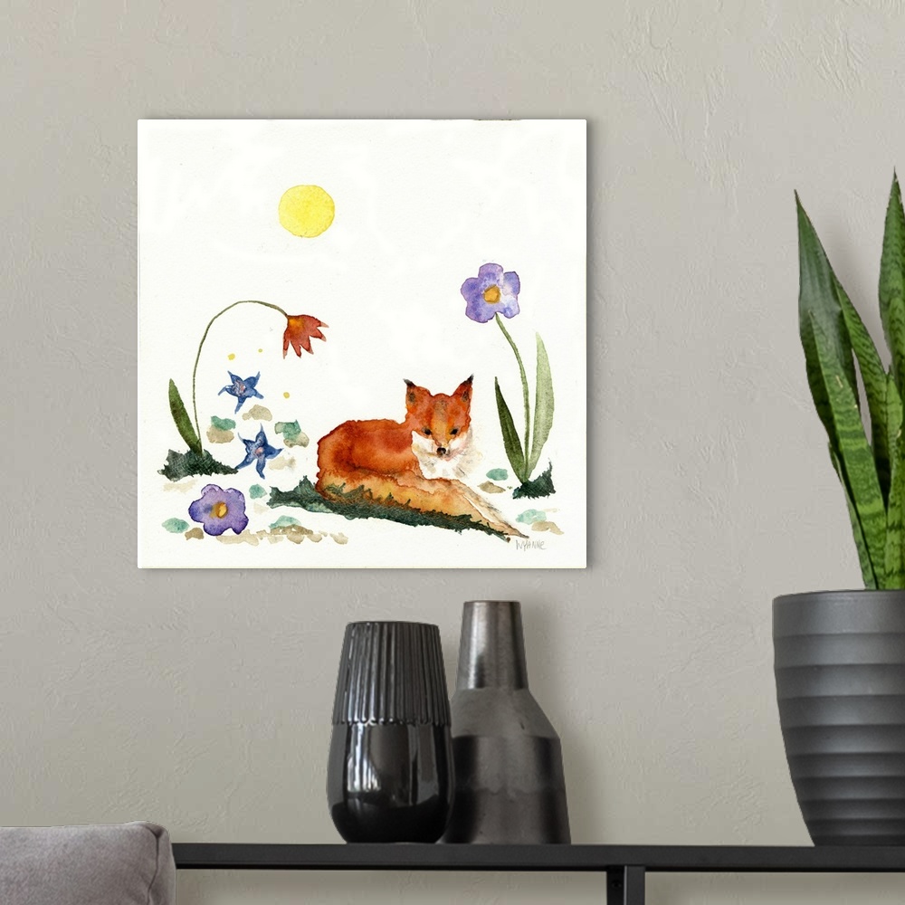 A modern room featuring A watercolor painting of a fox lying down next to flowers.