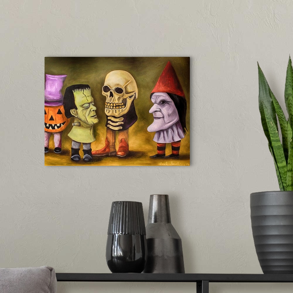 A modern room featuring Surrealist painting of a group of children wearing giant monster masks.