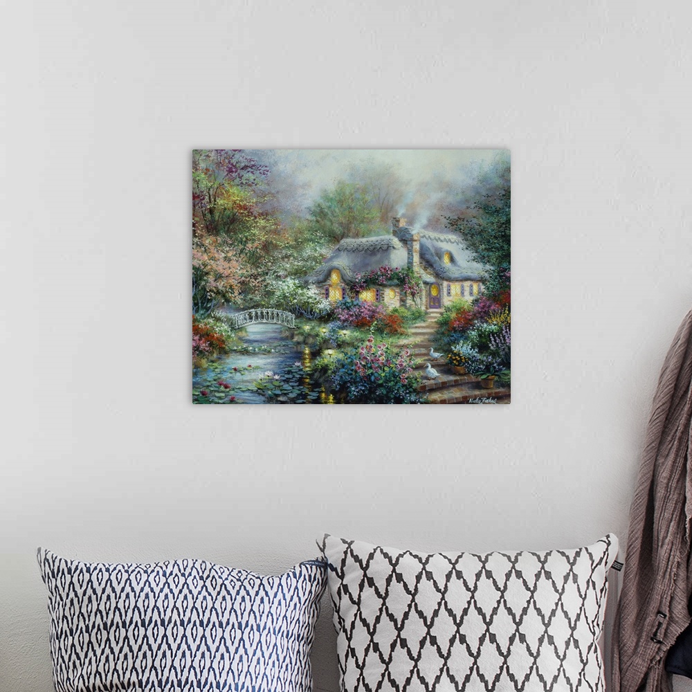 A bohemian room featuring Painting of a thatched cottage next to a stream. Product is a painting reproduction only, and doe...