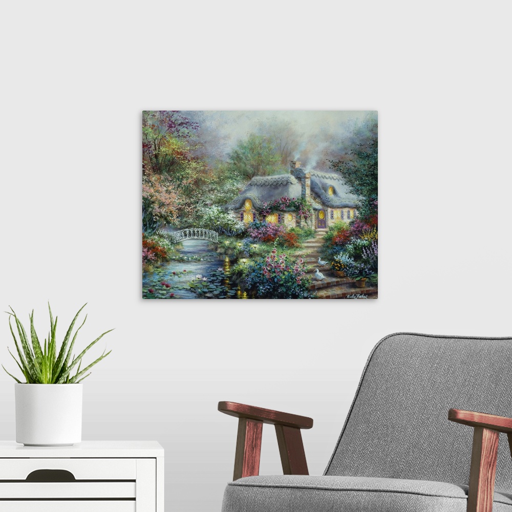 A modern room featuring Painting of a thatched cottage next to a stream. Product is a painting reproduction only, and doe...
