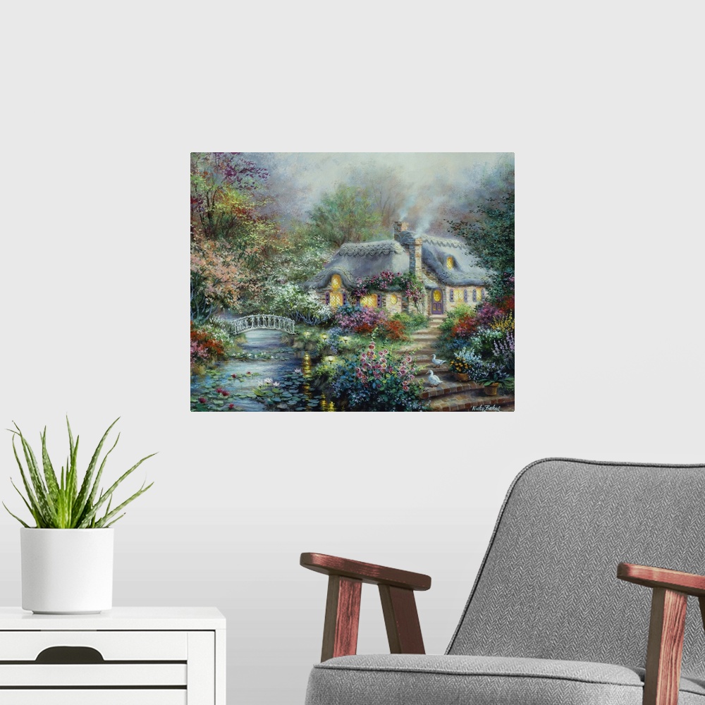 A modern room featuring Painting of a thatched cottage next to a stream. Product is a painting reproduction only, and doe...