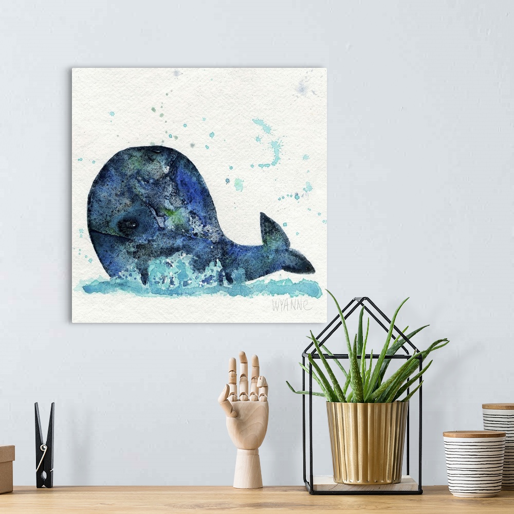 A bohemian room featuring A large blue whale splashing in the water.