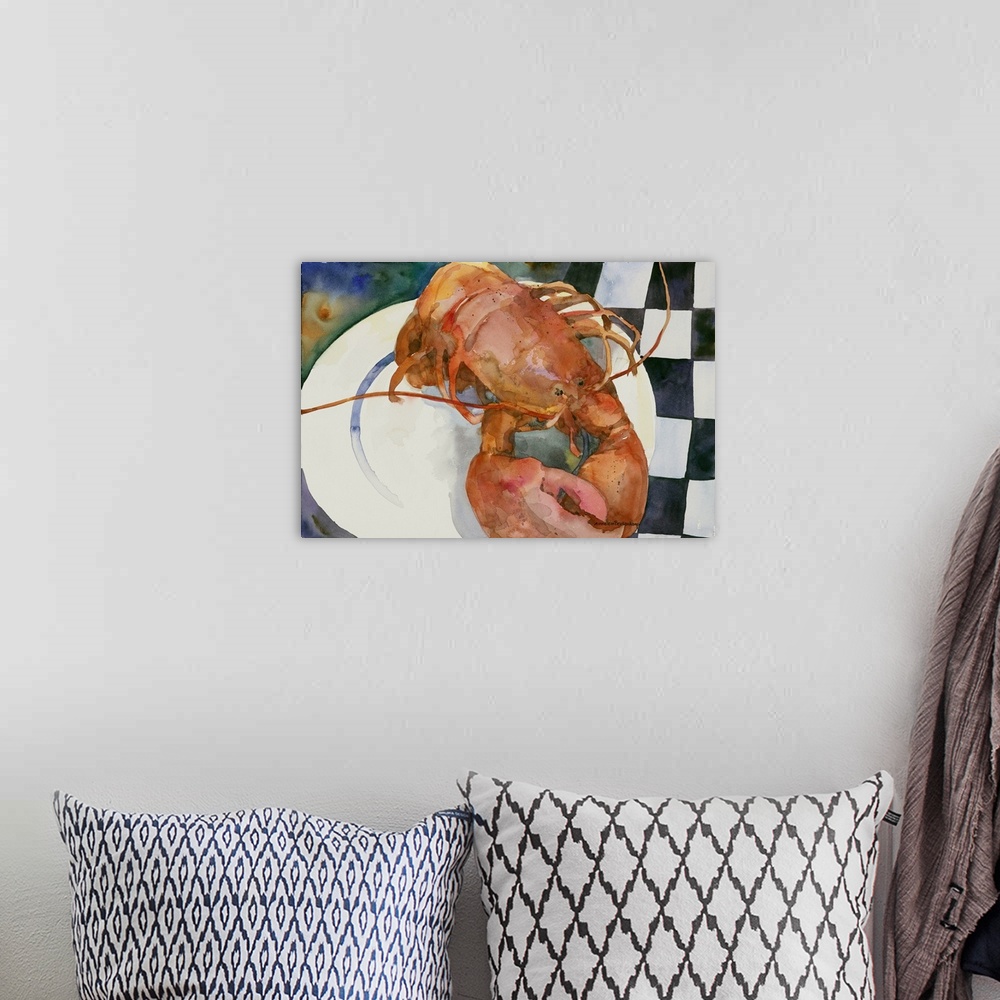 A bohemian room featuring Contemporary watercolor painting of a lobster on a dinner plate.